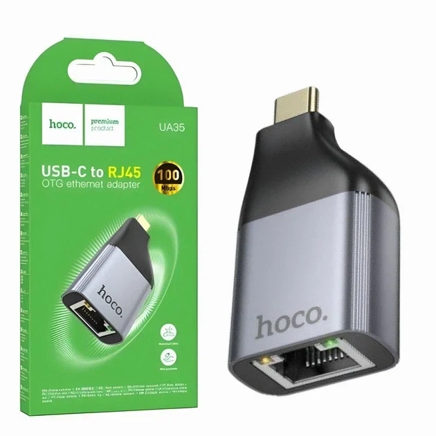 Переходник HOCO UA35, USB-C/RJ45, поддержка скорости до 100 Мбит/с - Фото 1 Переходник HOCO UA35, USB-C/RJ45, поддержка скорости до 100 Мбит/с - изображение 1