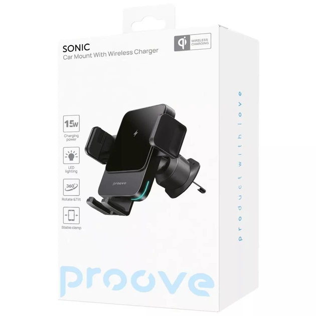 Автотримач для телефону Proove Sonic 15W Автомобільний тримач на дефлектор з бездротовою зарядкою Qi та механічним затискачем, Чорний - зображення 5