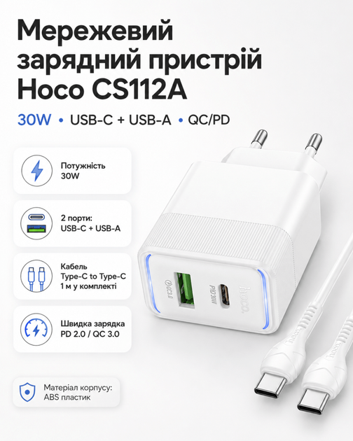 Зарядний пристрій Hoco CS112A 30W (Type-C + USB-A) (PD/QC) з кабелем Type-C to Type-C (колір білий) - Фото 1 Зарядний пристрій Hoco CS112A 30W (Type-C + USB-A) (PD/QC) з кабелем Type-C to Type-C (колір білий) - зображення 1