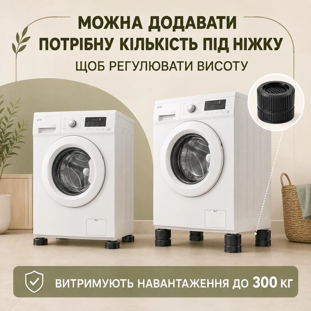 Антивибрационные подставки BRS Black 4 ШТ под стиральную машину и мебель, универсальные круглые ножки из резины и пластика - изображение 3