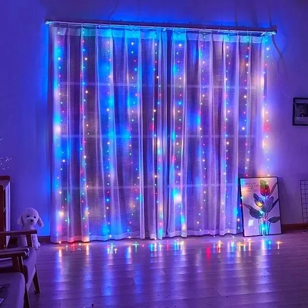 USB гірлянда-штора з пультом 3*3 метри 300 LED світильник мультиколор (Color) - зображення 2