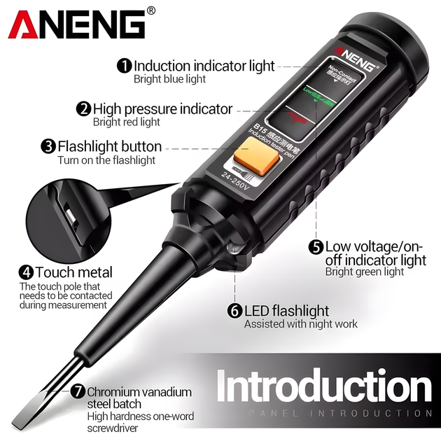 Индикаторная отвертка ANENG B15 бесконтактный тестер напряжения AC/DC 24-250V - изображение 3