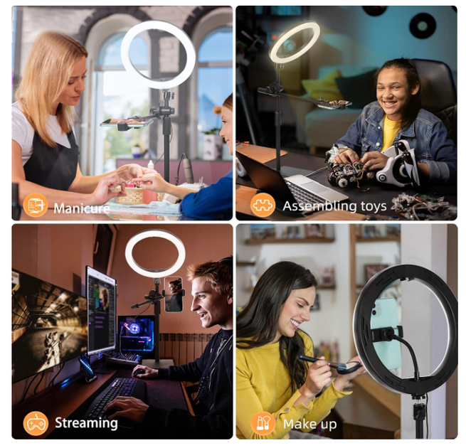 LED кольцевая лампа с держателем для телефона и штативом, настольная Ring Light с регулировкой яркости, для TikTok, YouTube, видео - изображение 6