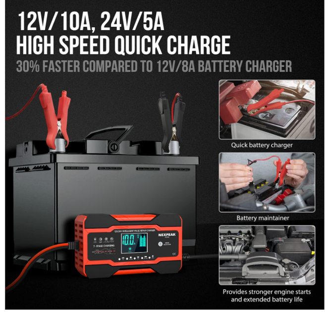Зарядное устройство для аккумулятора 10A 12V/24V, автоматическое Smart зарядное устройство для авто, грузовика, мотоцикла и лодки - изображение 5