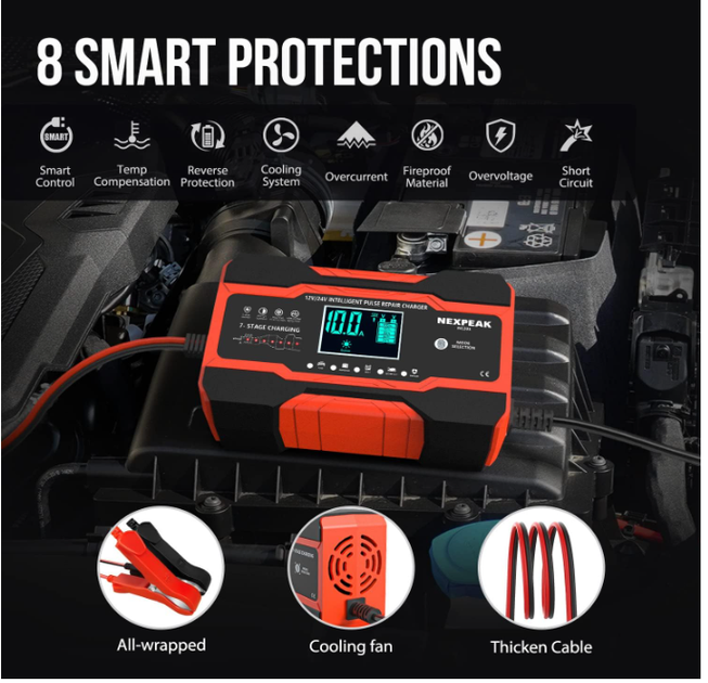 Зарядное устройство для аккумулятора 10A 12V/24V, автоматическое Smart зарядное устройство для авто, грузовика, мотоцикла и лодки - изображение 7