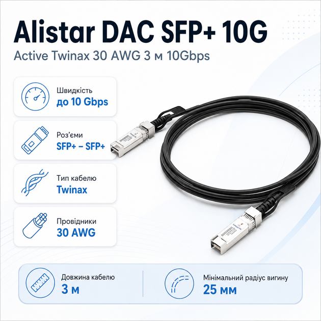Кабель прямого подключения Alistar DAC SFP+ 10G 30AWG Twinax 3м - Фото 1 Кабель прямого подключения Alistar DAC SFP+ 10G 30AWG Twinax 3м - изображение 1