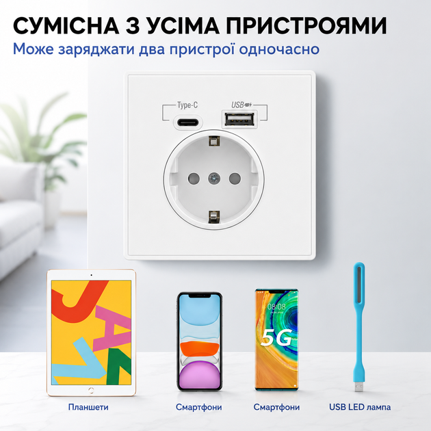 Настенная розетка с разъёмом Type-C и USB-портом зарядки WP-1 Pearl 3 разъёма (JDT-0850579) - изображение 2