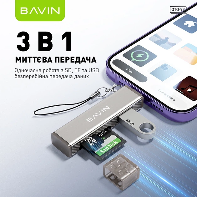 USB-хаб Bavin OTG-93 3-в-1 Lightning to SD/TF/USB 2.0 Gray (OTG-93 GY) - Фото 3 USB-хаб Bavin OTG-93 3-в-1 Lightning to SD/TF/USB 2.0 Gray (OTG-93 GY) - зображення 3