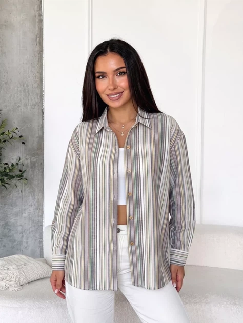 Стильна жіноча сорочка oversize з льону у смужку casual INNOE 300055-2, р. 58-60 Світло-сірий - Фото 1 Стильна жіноча сорочка oversize з льону у смужку casual INNOE 300055-2, р. 58-60 Світло-сірий - изображение 1