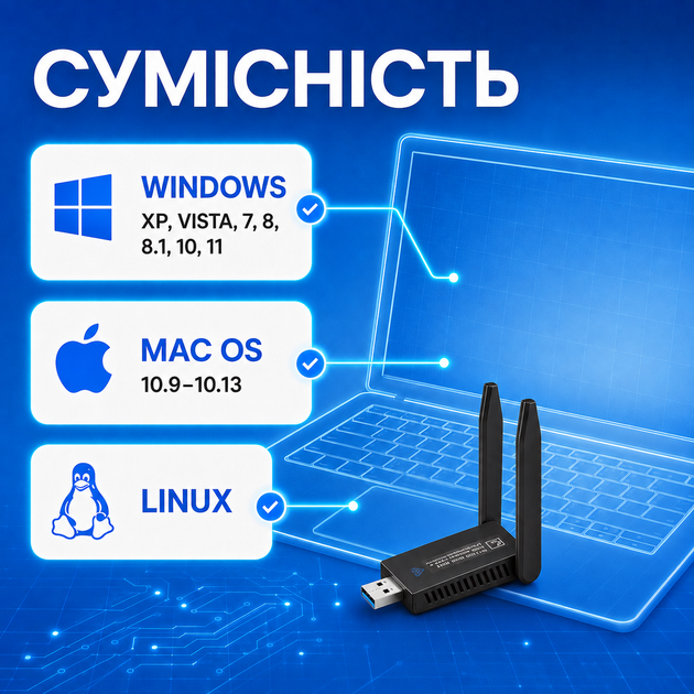 Wi-Fi адаптер Двухдиапазонный USB Wi-Fi адаптер 2.4/5GHz 1300 Mbps + BT5.0 адаптер Wireless Lan Card 11ac Black Pavlysh UWA-2 - Фото 5 Wi-Fi адаптер Двухдиапазонный USB Wi-Fi адаптер 2.4/5GHz 1300 Mbps + BT5.0 адаптер Wireless Lan Card 11ac Black Pavlysh UWA-2 - изображение 5