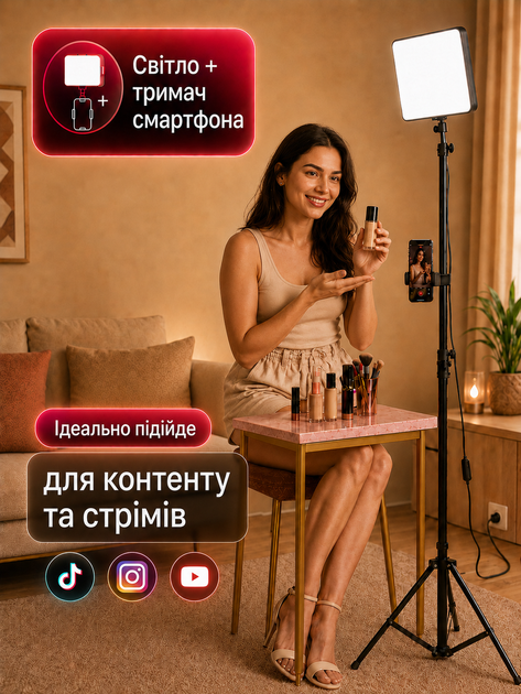 Видеосвет студийный свет для съемки набор комплект для блоггера фото визажиста LED лампа прожектор на штативе с держателем для съемки видео профессиональная высота 2м мощность 15Вт 3 режима OnePro 74047 - Фото 2 Видеосвет студийный свет для съемки набор комплект для блоггера фото визажиста LED лампа прожектор на штативе с держателем для съемки видео профессиональная высота 2м мощность 15Вт 3 режима OnePro 74047 - изображение 2