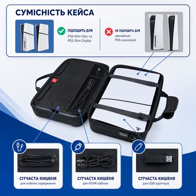 Жесткая дорожная сумка JYS для PS5 Slim и PlayStation Portal, защитный EVA чехол для консоли и аксессуаров - Фото 6 Жесткая дорожная сумка JYS для PS5 Slim и PlayStation Portal, защитный EVA чехол для консоли и аксессуаров - изображение 6