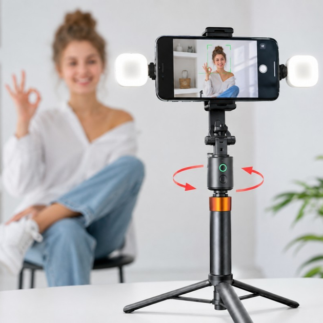 Селфи-штатив AI-автослежением за лицом и телом, поворотом на 360°, наклоном на 270°, управлением жестами и Bluetooth-пульт Quick Shoot (Q13MT) Black - изображение 6