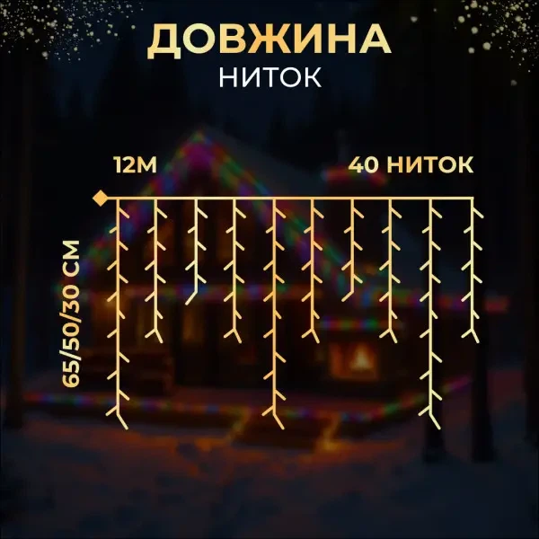 Уличная гирлянда Бахрома 12 м 200 LED Мультиколор белый провод гирлянда штора на улицу на дом - изображение 5