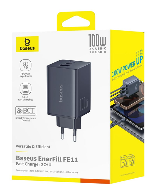 Зарядний пристрій Baseus EnerFill FE11 Fast Charger 2xType-C 1xUSB 100W 3A EU Cosmic Black (P10182102123-00) - зображення 2
