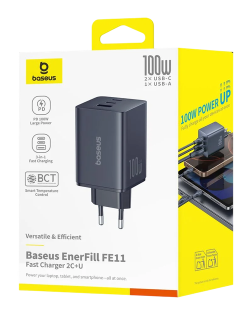 Зарядний пристрій Baseus EnerFill FE11 Fast Charger 2xType-C 1xUSB 100W 3A EU Cosmic Black (P10182102123-00) - зображення 6