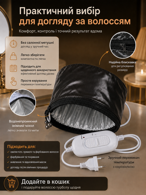Електрична шкіряна термошапка Wenan "Leather Black Thermal Cap" сушуар шапка для масок, фарбування, ламінування, салонних процедур для догляду та лікування волосся вдома, 2 режими від 45 до 60 градусів, колір чорний зі шкірозамінника (220В / Євровилка) - зображення 2