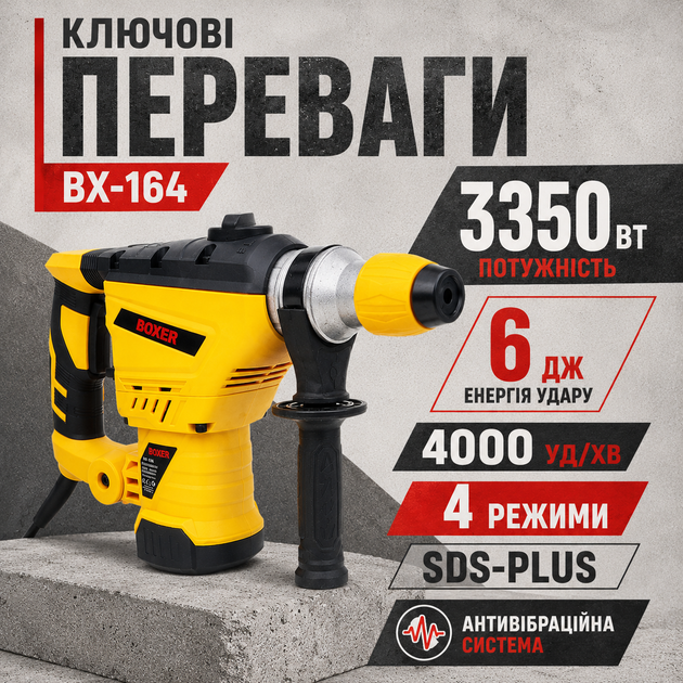 Мережевий перфоратор BOXER BX-164 3350 Вт 6 Дж перфоратор SDS-Plus з 4 режимами для свердління бетону та довбання - зображення 2