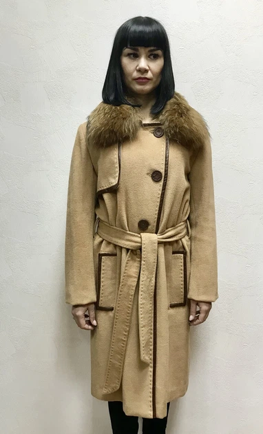 Пальто жіноче кашемірове Max Mara з натуральним хутряним коміром M світло-коричневе - изображение 2