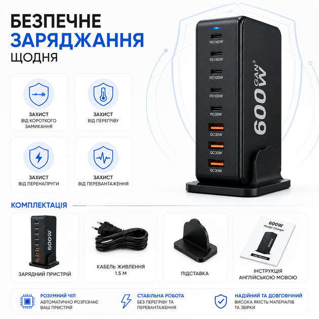 Професійна док-станція 600W GaN Pro: Мережевий адаптер на 8 виходів, швидкий порт Type-C 140W мультизарядна станція (534) - Фото 2 Професійна док-станція 600W GaN Pro: Мережевий адаптер на 8 виходів, швидкий порт Type-C 140W мультизарядна станція (534) - зображення 2