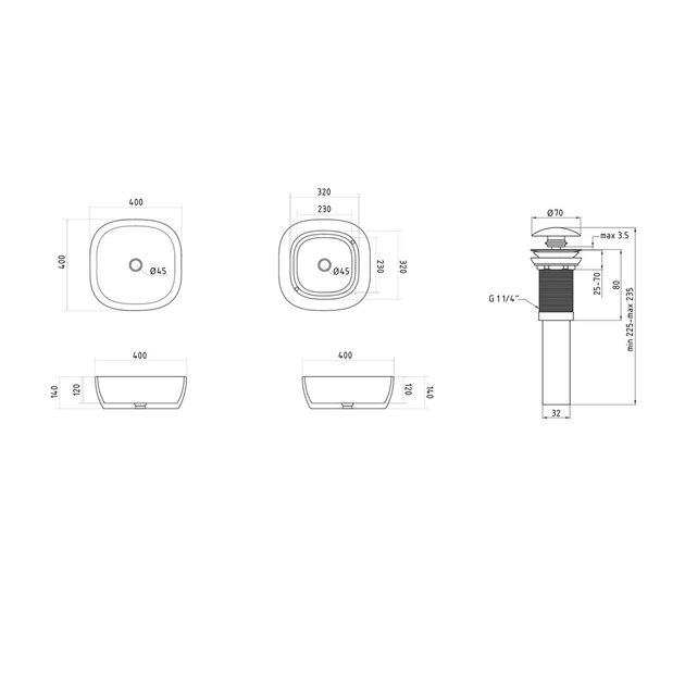 Комплект Qtap Kolibri: Раковина накладная 400x400x140 мм, White, квадратная + Донный клапан Pop-up PU02 - изображение 2