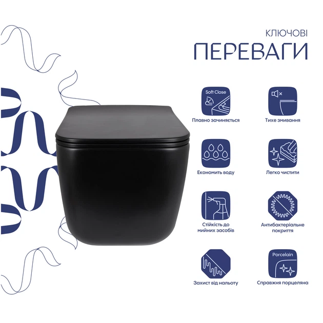 Унитаз подвесной Qtap Gemini Ultra Quiet 485×340×350 мм, Matt Black, с сиденьем Slim Duroplast / Soft-close / Quick Release QTGEM28BLM50505 - изображение 3