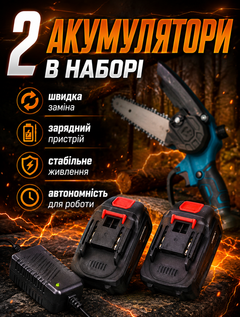 Аккумуляторная мини электропила для обрезки веток с кейсом и двумя аккумуляторами 48V Li‑Ion 30–60 мин работы - изображение 3