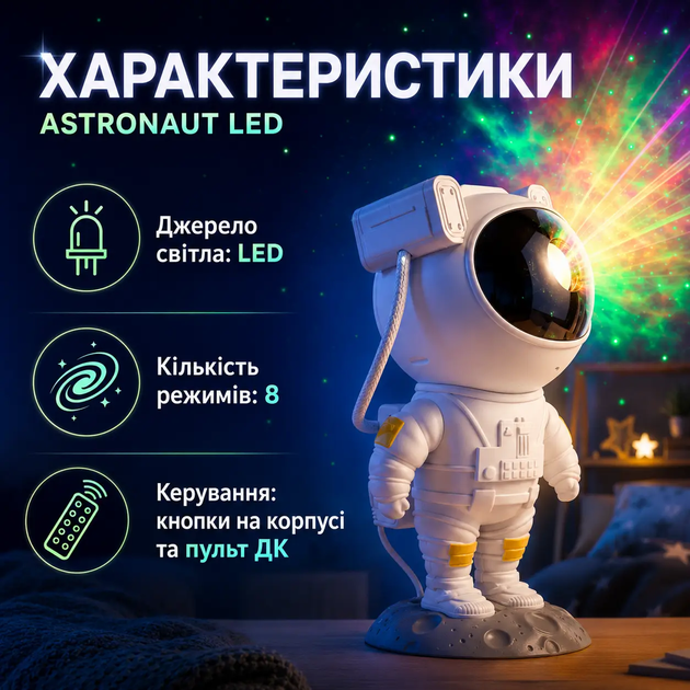 Ночник-проектор Астронавт LED Звездное небо с пультом, космический светильник для детской комнаты - изображение 2