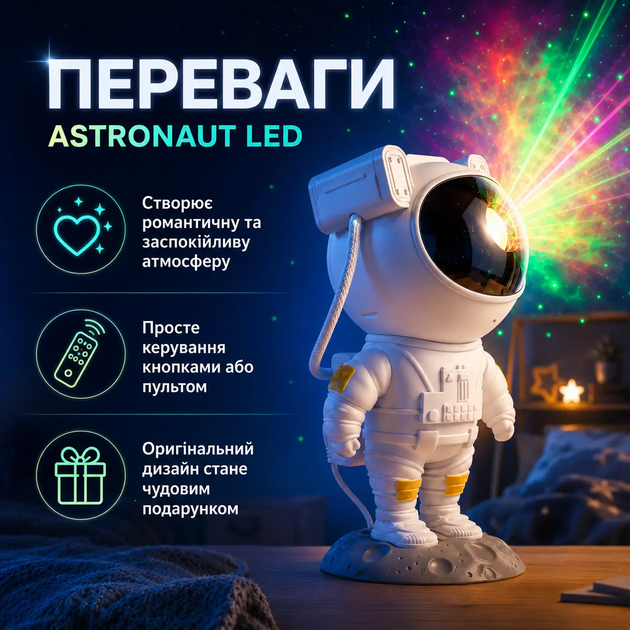Ночник-проектор Астронавт LED Звездное небо с пультом, космический светильник для детской комнаты - изображение 3