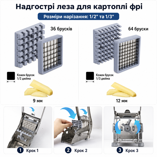 Ручна картоплерізка для картоплі фрі з 2 змінними ножами 9 та 12 мм PC-24 - зображення 7
