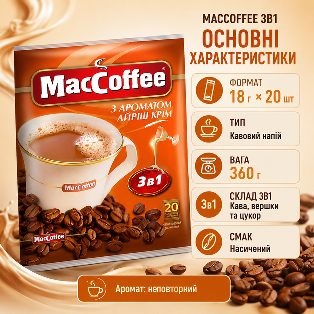 Кофе MacCoffee Айриш Помимо 3в1 растворимый кофейный напиток ароматный кофе со сливочным вкусом сахаром и сливками порционный 18 г 20 шт упаковка 360 г - изображение 2