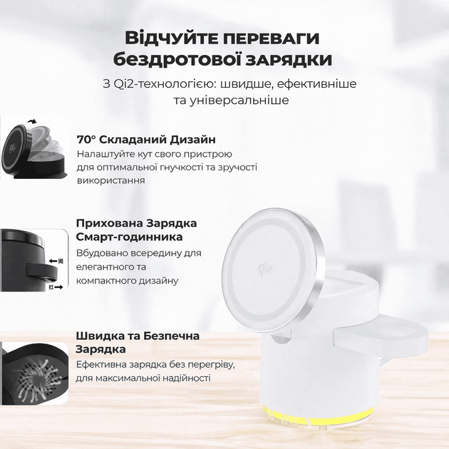 Qi2 Бездротова зарядка док-станція C16, Magsafe магнітна 4в1, для iPhone/Android, смарт годинників, навушників, функція нічника - Білий - зображення 13