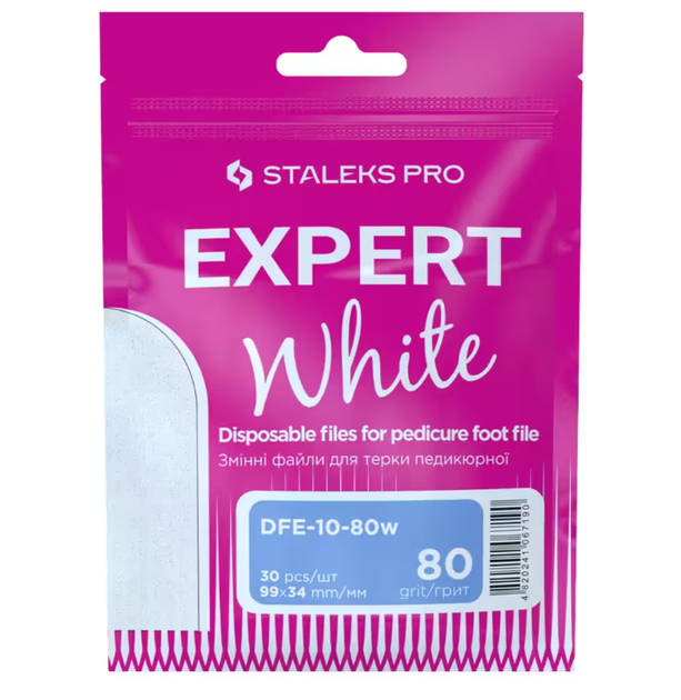 Набір білих змінних файлів STALEKS PRO Expert 10 для терки педикюрної 80 гріт (30 шт) - DFE-10-80w - Фото 1 Набір білих змінних файлів STALEKS PRO Expert 10 для терки педикюрної 80 гріт (30 шт) - DFE-10-80w - изображение 1