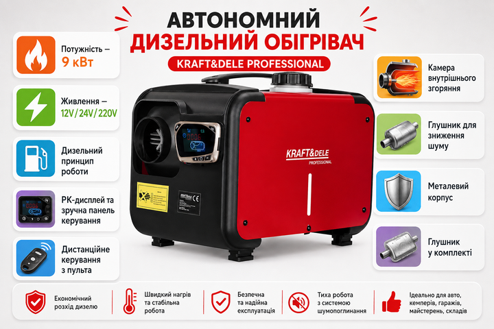 Дизельний автономний обігрівач Вебасто Kraft&Dele 9 кВт Автономка з пультом ДК стоянковий обігрівач автономний 2V/24V/220V - зображення 10