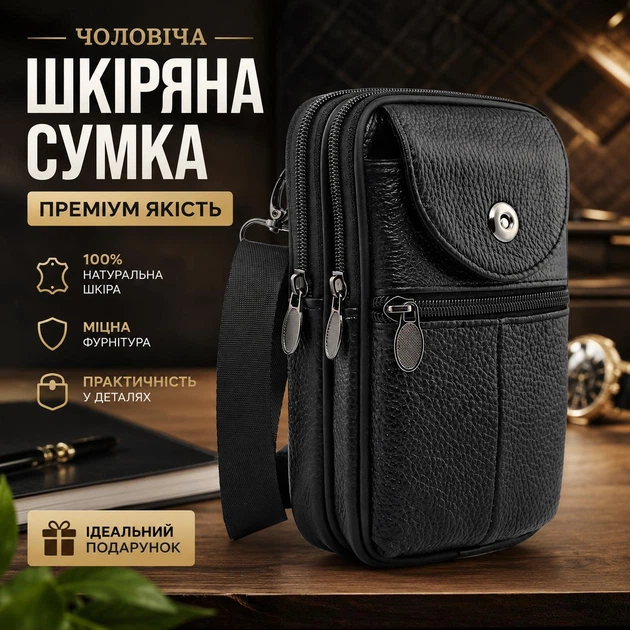 Маленька шкіряна сумочка-барсетка 19×12×5 на ремень та через плече Qvant (001ч) - Чорна - Фото 1 Маленька шкіряна сумочка-барсетка 19×12×5 на ремень та через плече Qvant (001ч) - Чорна - зображення 1