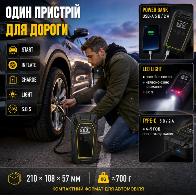 Пускозарядное устройство для автомобиля (K5) 4000 А + компрессор 150 PSI Бустер для запуска 16000 мА·ч Jump starter Пусковое устройство для авто - изображение 10