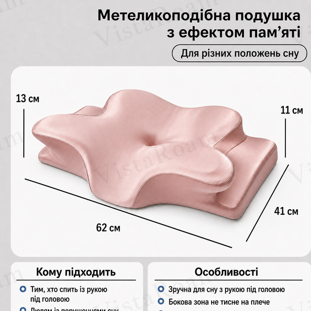 Ортопедическая подушка для шеи с эффектом памяти, анатомическая форма бабочка 62х41х13 розовая KT8001207 - изображение 6