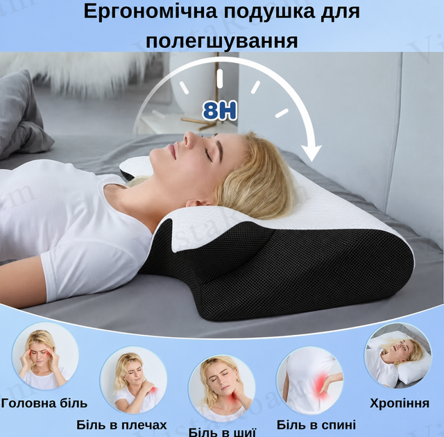 Ортопедическая подушка Memory Foam для шеи и плеч 62×37-8-12 см, форма бабочка, эффект памяти 1300гр KT7006278 - изображение 6
