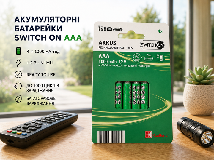 Акумуляторні батареї Switch ON Ni-Mh HR03 ААA 4шт 1000 mAh 1,2V (R4766131820250) - Фото 1 Акумуляторні батареї Switch ON Ni-Mh HR03 ААA 4шт 1000 mAh 1,2V (R4766131820250) - изображение 1