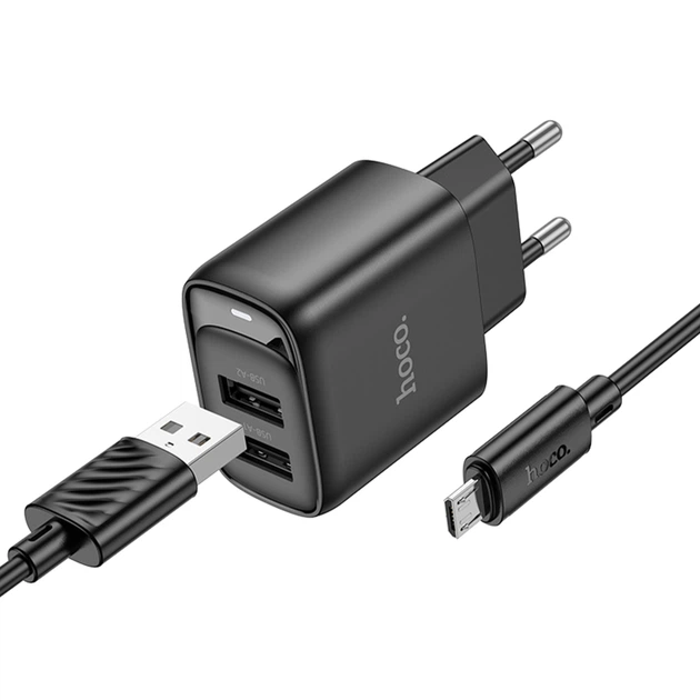 Зарядное устройство для телефона USB / Сетевой адаптер Hoco C141A Smart 2.1A (2USB-A) + кабель USB to MicroUSB (черный) - изображение 3