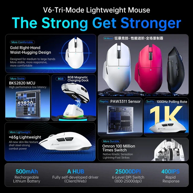 Мишка Attack Shark V6 Ultra-Light Wireless/Bluetooth 25000dpi. (PAW3311) 7кн. Black (V6B_AS) - изображение 5