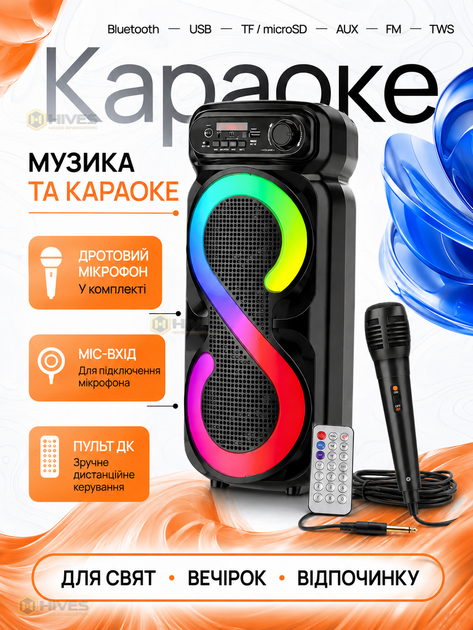 Портативная колонка караоке с микрофоном 16 Вт Bluetooth 5.0 2×4" TWS FM USB TF AUX RGB аккумуляторная - изображение 2