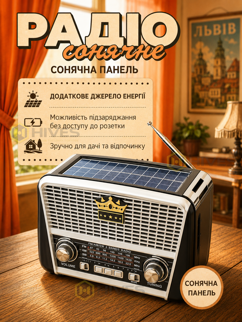 Аккумуляторный радиоприемник с солнечной панелью FM AM SW, MP3 USB microSD, LED-фонарик, 220 В/2×R20, портативное радио, черный - изображение 2