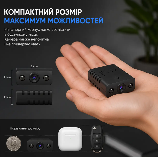 Міні WiFi камера відеоспостереження 1080P, прихована IP камера з датчиком руху, нічне бачення, компактна - Фото 3 Міні WiFi камера відеоспостереження 1080P, прихована IP камера з датчиком руху, нічне бачення, компактна - зображення 3