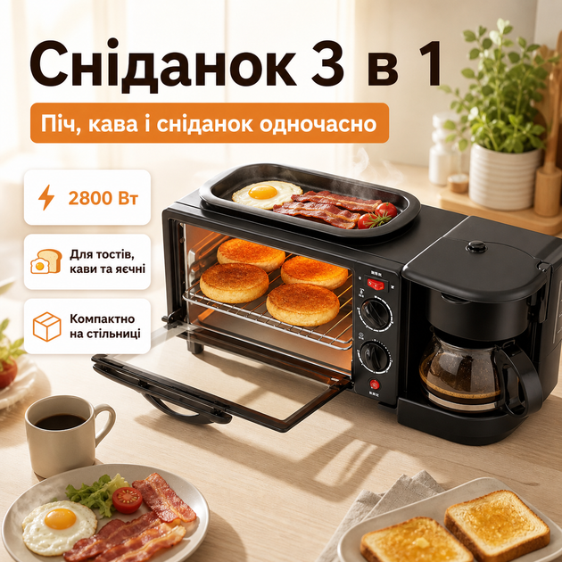 Багатофункціональна машина для сніданку 3в1 2800 Вт з електричною міні-піччю, кавоваркою та гриль-сковородою для випічки, тостів і гарячих страв - зображення 2