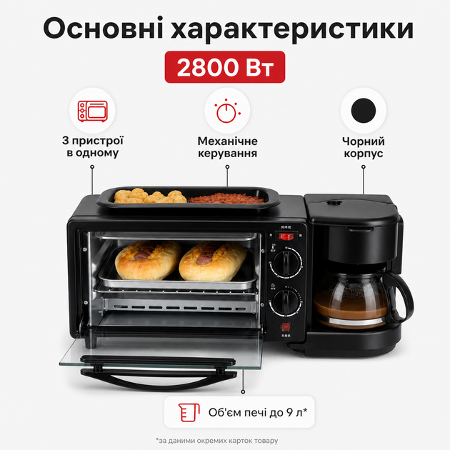 Багатофункціональна машина для сніданку 3в1 2800 Вт з електричною міні-піччю, кавоваркою та гриль-сковородою для випічки, тостів і гарячих страв - зображення 3