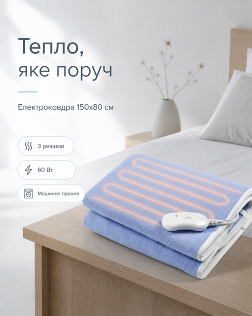 Электропростынь с подогревом 150×80 см 60 Вт, 3 режима температуры, защита от перегрева для кровати и сна - изображение 8