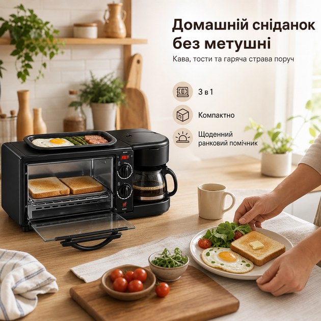 Багатофункціональна машина для сніданку 3в1 2800 Вт з електричною міні-піччю, кавоваркою та гриль-сковородою для випічки, тостів і гарячих страв - зображення 6