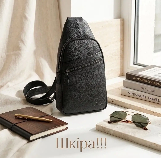 Чоловіча сумка-слінг з натуральної шкіри через плече (Чорна) - изображение 7
