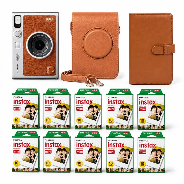 Подарочный набор с фотокамерой мгновенной печати Fujifilm INSTAX MINI EVO Hybrid Brown + 100 фото + альбом на 108 фото + чехол + подарочная упаковка, коричневый - Фото 4 Подарочный набор с фотокамерой мгновенной печати Fujifilm INSTAX MINI EVO Hybrid Brown + 100 фото + альбом на 108 фото + чехол + подарочная упаковка, коричневый - изображение 4